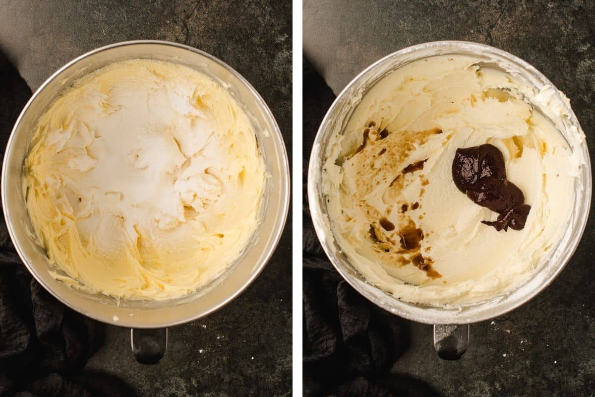 How to Make Halloween Cake (Step-by-Step Photos) Two overhead views of a mixing bowl: one with butter and sugar, and one with creamed frosting and a dollop of dark extract.