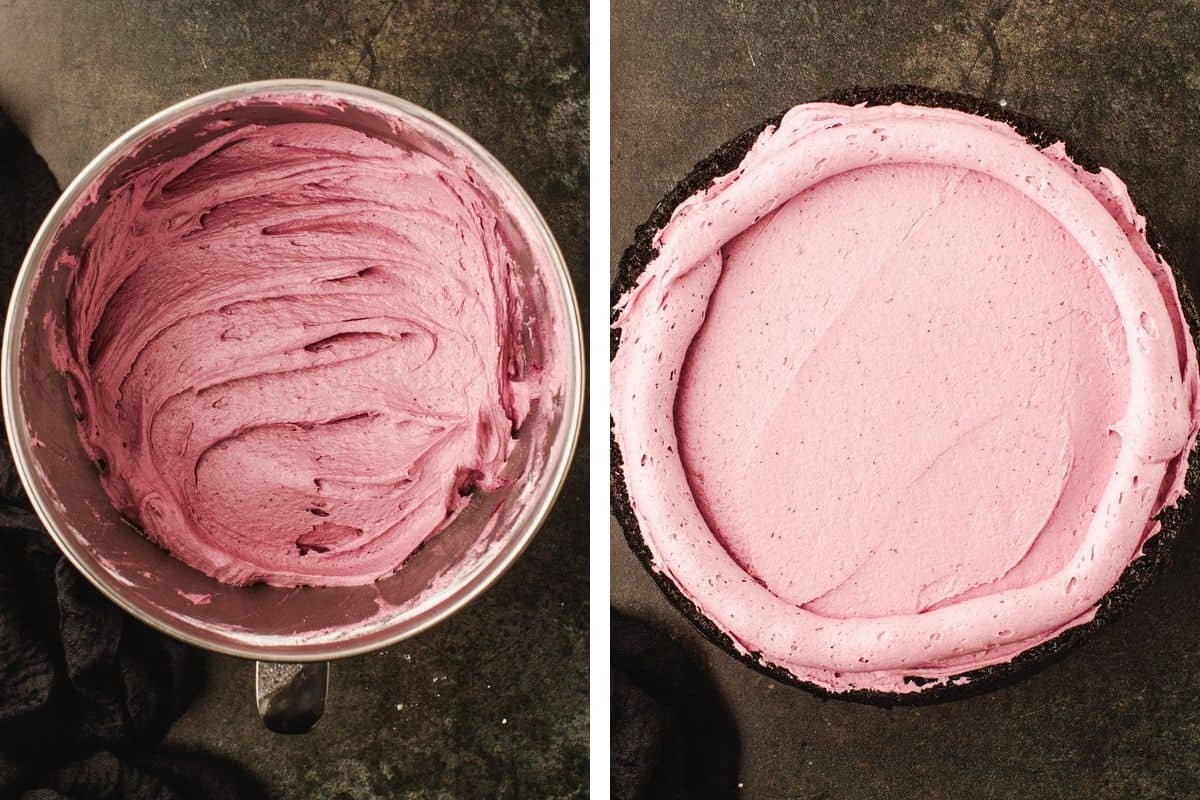 How to Make Halloween Cake (Step-by-Step Photos) A mixing bowl filled with pink frosting next to a round chocolate cake base with a ring of pink frosting piped around the edge.