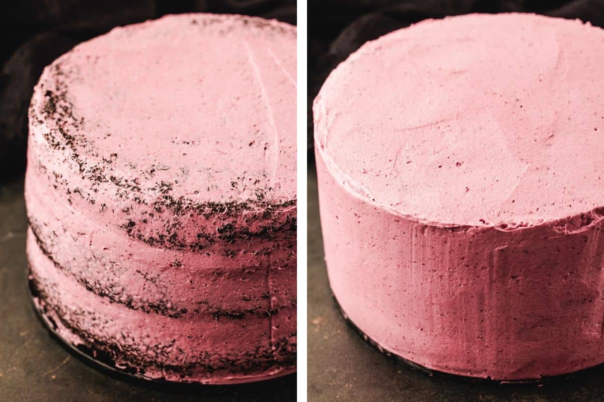 How to Make Halloween Cake (Step-by-Step Photos) Side-by-side comparison of a round cake showing a thin crumb coat of pink frosting on the left and a thick, smooth final layer of pink frosting on the right.