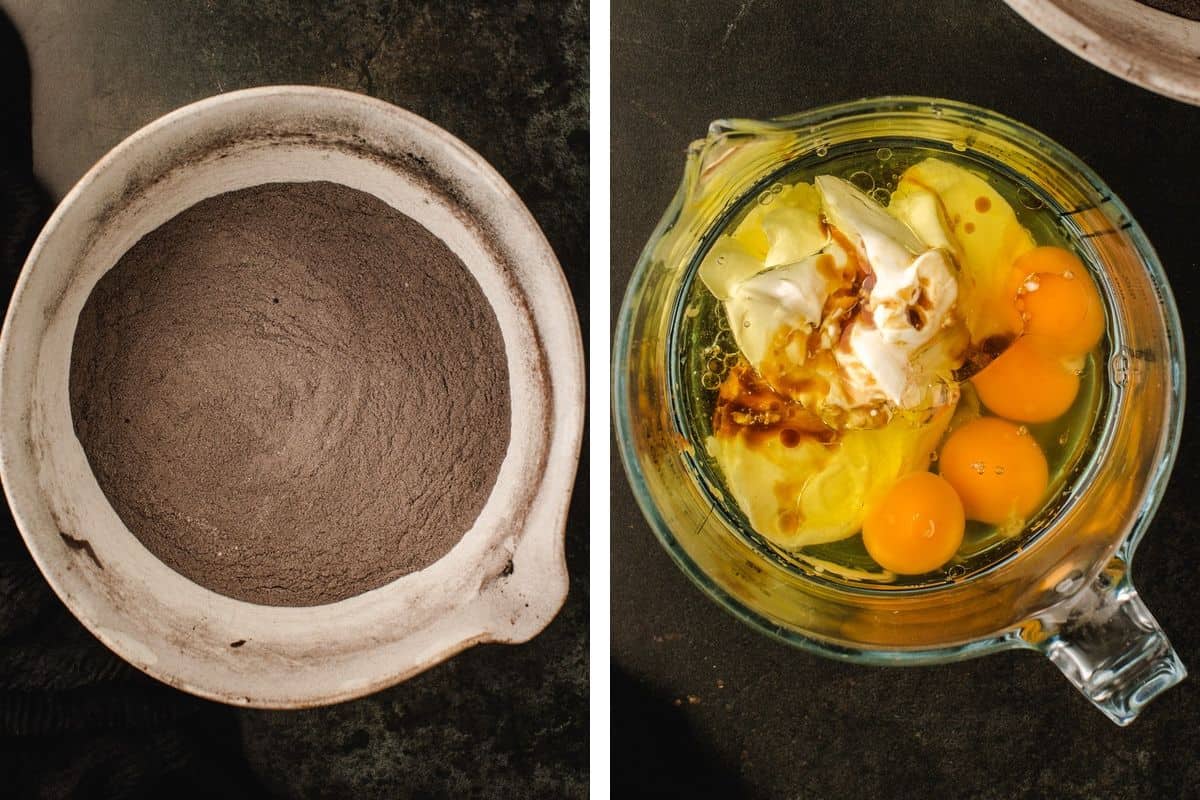 How to Make Halloween Cake (Step-by-Step Photos) A side-by-side view showing a bowl of dark dry ingredients and a measuring cup containing eggs, oil, and a dollop of cream.
