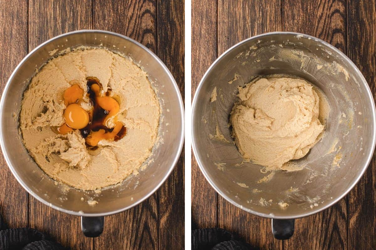 How to Make Halloween Cookies (Step-by-Step Photos) A split image showing a metal mixing bowl containing cookie dough with eggs and vanilla, then the dough mixed until combined.