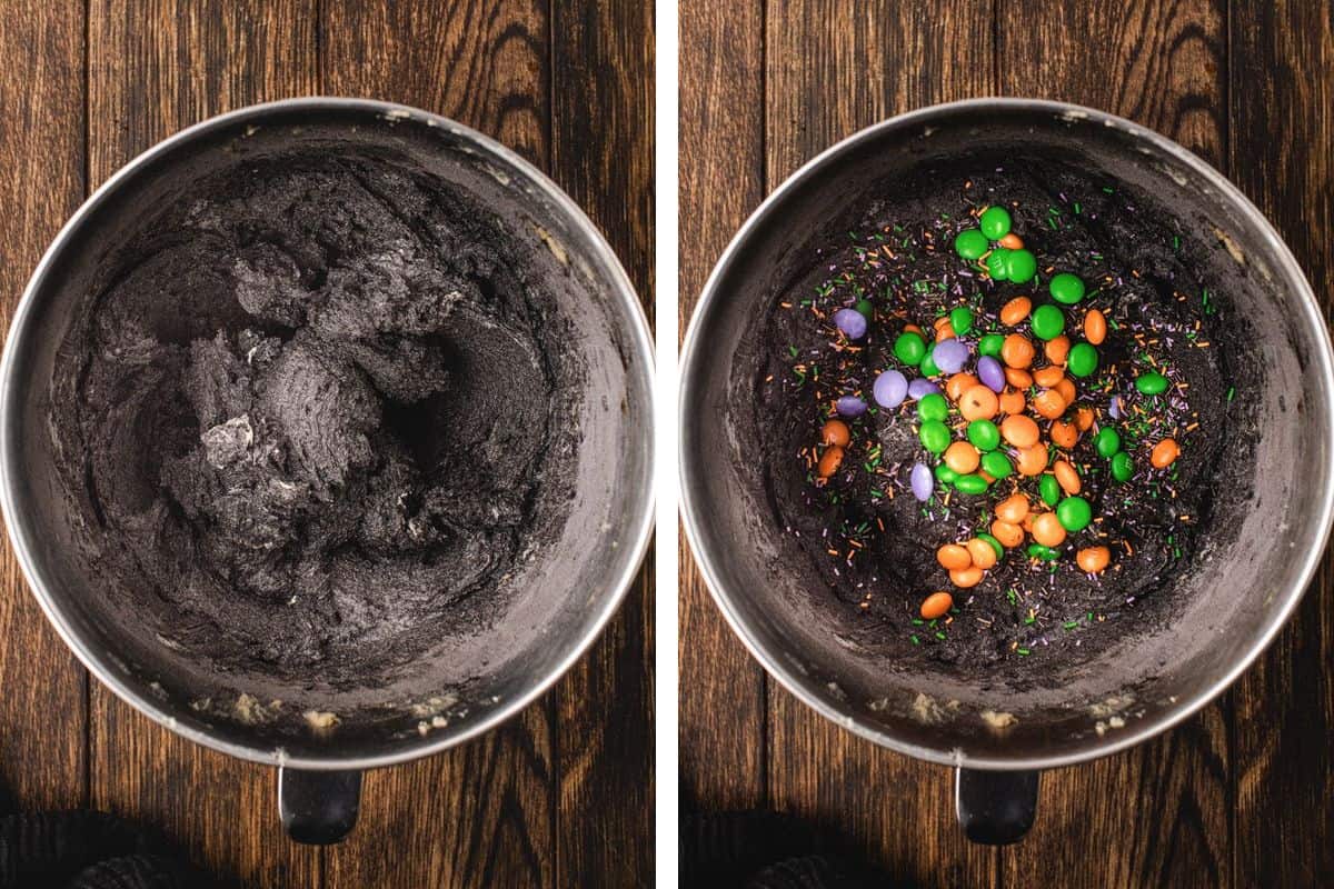 How to Make Halloween Cookies (Step-by-Step Photos) Two side-by-side images showing a mixing bowl containing black cookie dough, before and after adding colorful candy-coated chocolates and sprinkles.