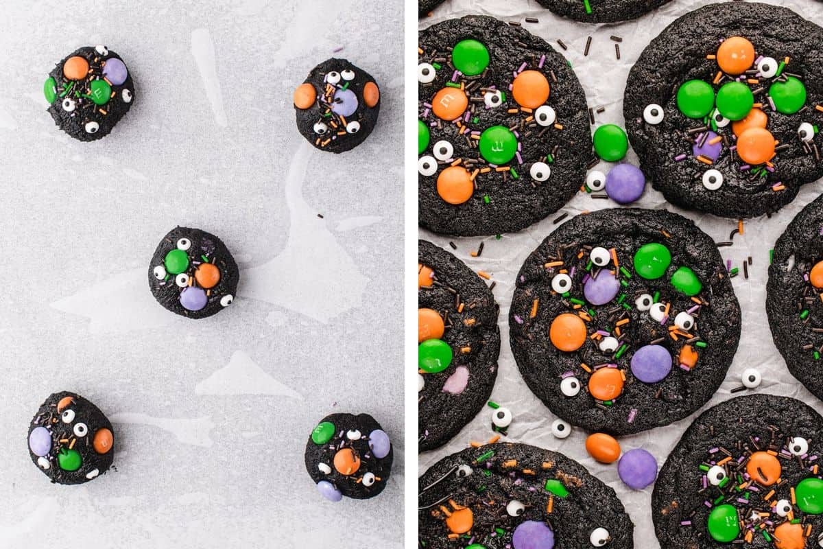 How to Make Halloween Cookies (Step-by-Step Photos) Black cookies decorated with colorful candy-coated chocolates, sprinkles, and edible candy eyes.