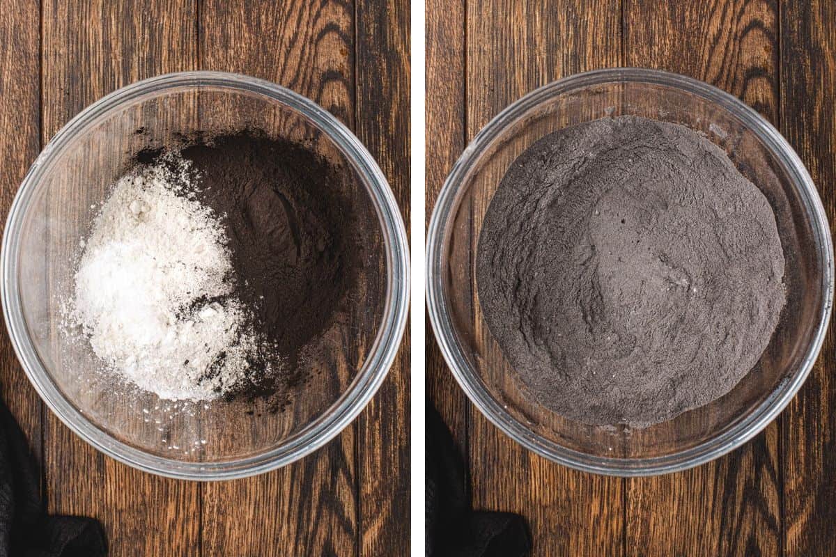 How to Make Halloween Cookies (Step-by-Step Photos) Two side-by-side images of a glass bowl on a wooden surface: one containing separate piles of white flour and dark cocoa powder, and the other showing the ingredients mixed together into a uniform grey powder.
