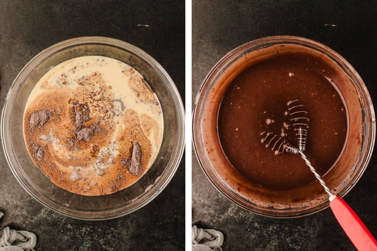 How to Make Halloween Cupcakes (Step-by-Step Photos) Side-by-side images showing a bowl with cream and cocoa powder, then the ingredients whisked into a smooth chocolate mixture.