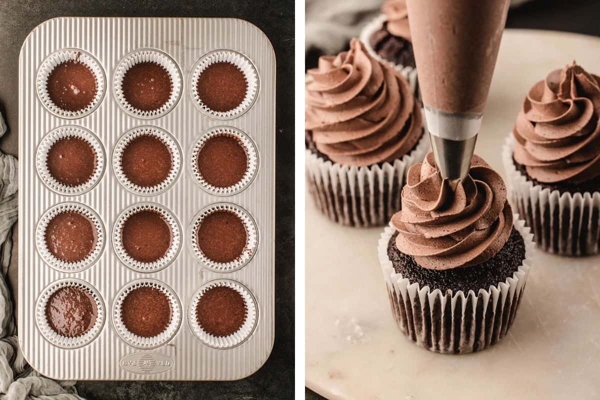 How to Make Halloween Cupcakes (Step-by-Step Photos) A split image showing a muffin tin filled with chocolate cupcake batter and a piping bag swirling chocolate frosting onto a baked cupcake.
