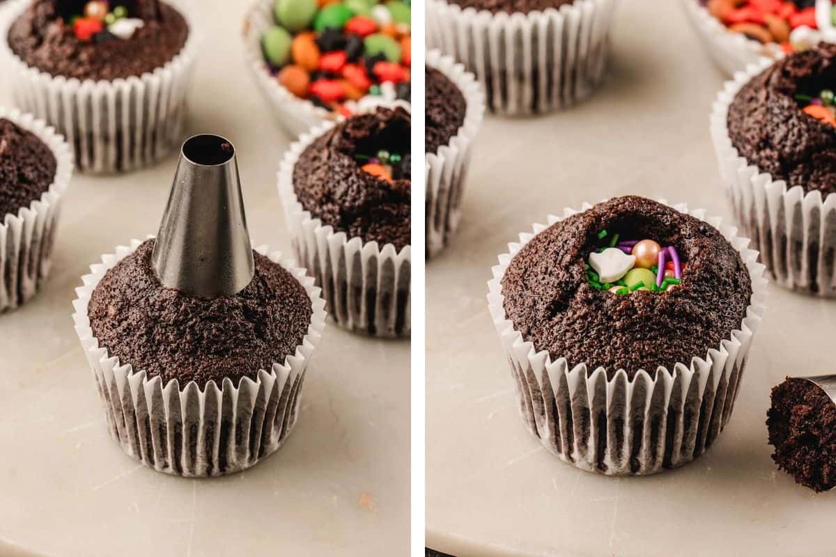 How to Make Halloween Cupcakes (Step-by-Step Photos) A piping tip being used to remove the center of a chocolate cupcake, which is then filled with colorful sprinkles.