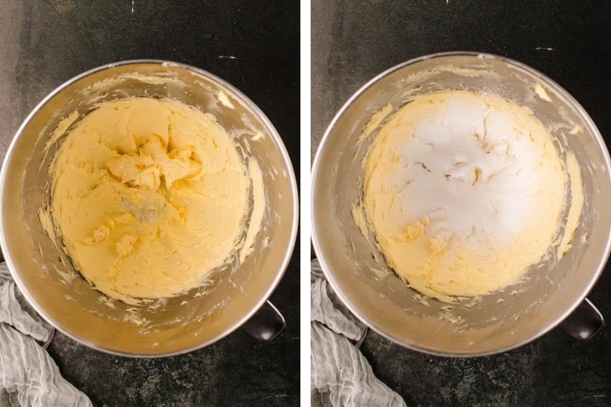 How to Make Halloween Cupcakes (Step-by-Step Photos) A side-by-side view showing a stand mixer bowl with creamed butter, followed by the same bowl with added sugar.