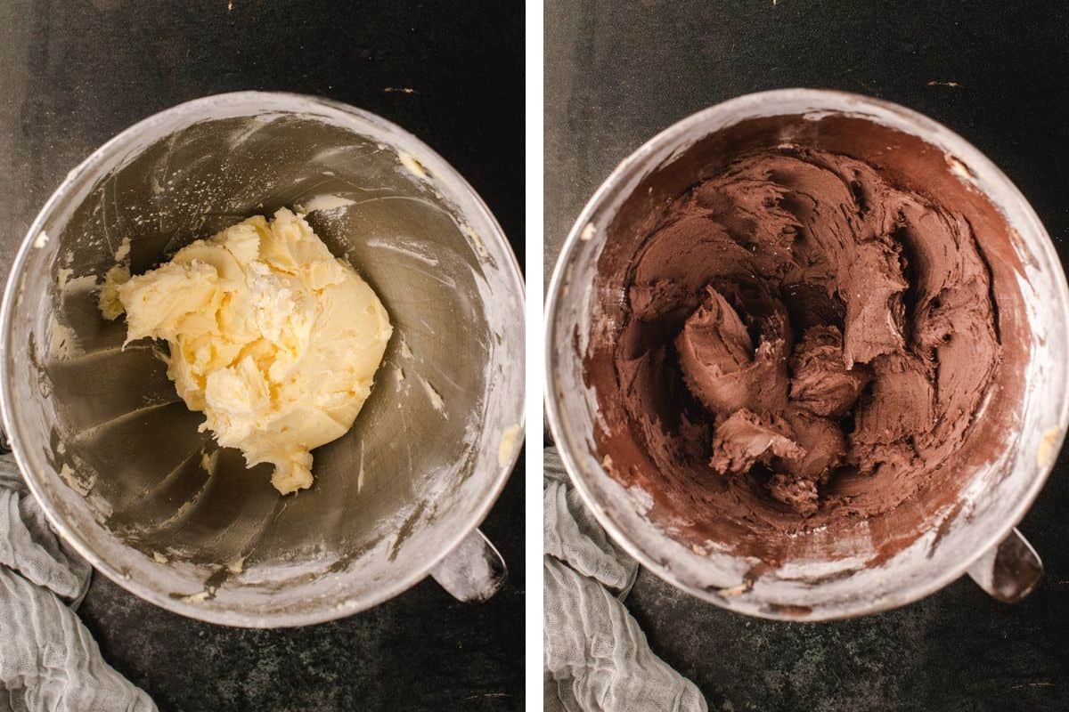 How to Make Halloween Cupcakes (Step-by-Step Photos) Two overhead views of a mixing bowl: one showing creamed butter and sugar, and the other showing the same mixture after cocoa powder has been added.