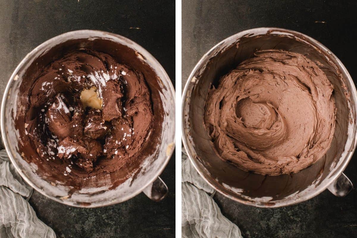 How to Make Halloween Cupcakes (Step-by-Step Photos) Two overhead shots showing chocolate cake batter in a mixing bowl before and after being fully mixed into a smooth, creamy frosting.