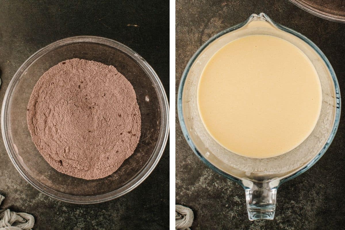 How to Make Halloween Cupcakes (Step-by-Step Photos) Side-by-side overhead shots of a glass bowl containing dry cocoa-colored ingredients and a glass measuring cup filled with smooth, light-colored liquid batter.