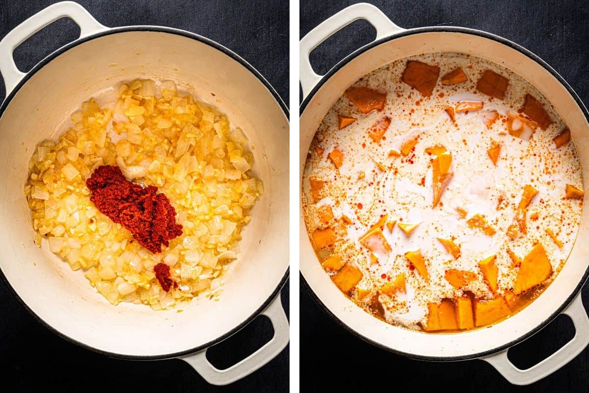 How to Make Thai Pumpkin Soup (Step-by-Step-Photos) Two side-by-side photos of a Dutch oven: on the left, sautéed onions with a dollop of red paste; on the right, chopped squash simmering in a white coconut milk broth.