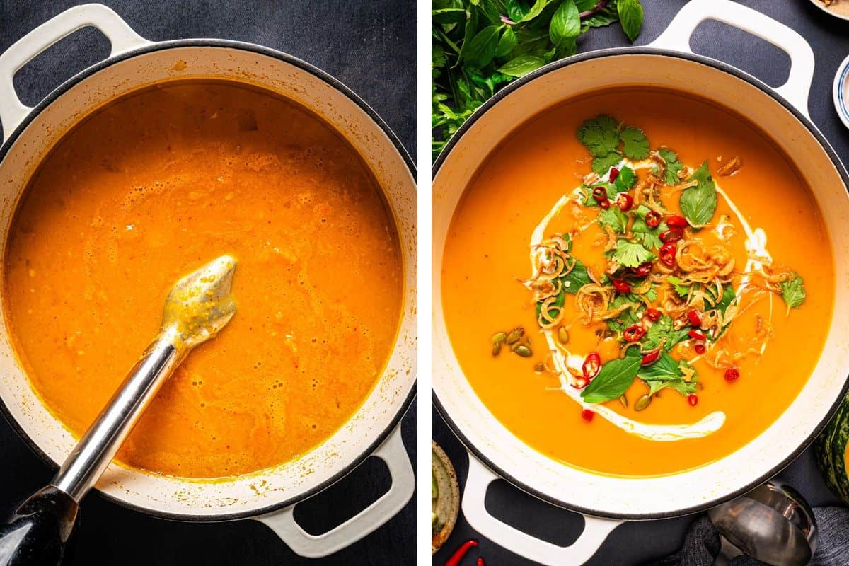 How to Make Thai Pumpkin Soup (Step-by-Step-Photos) A split image showing an immersion blender mixing orange soup in a pot, then the finished soup garnished with cream, herbs, fried shallots, and chili slices.