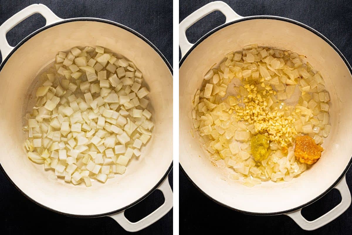 How to Make Thai Pumpkin Soup (Step-by-Step-Photos) Side-by-side images showing a white pot with diced onions being sautéed, then the same onions with added minced garlic, ginger, and paste.