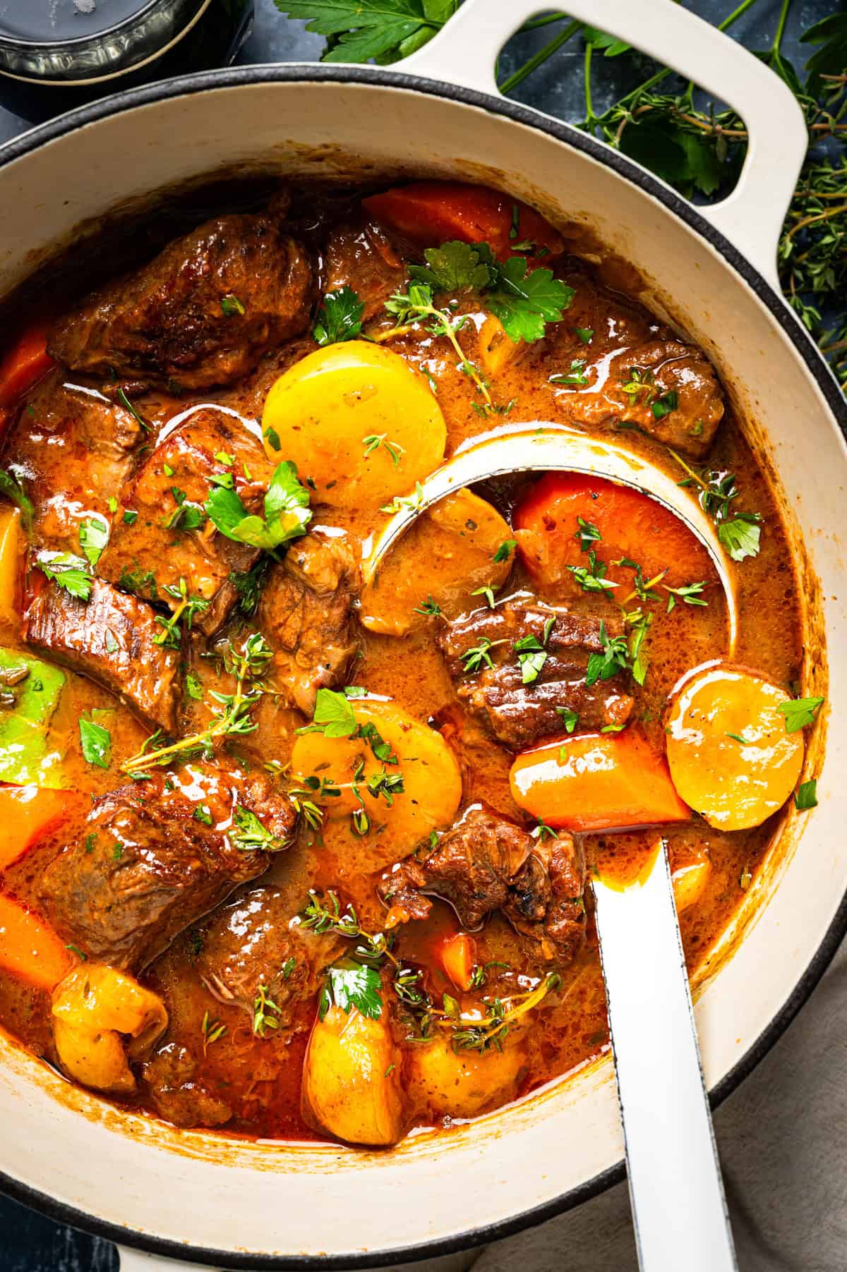 Irish Beef Stew Pot filled with beef stew containing chunks of meat, potatoes, and carrots, garnished with fresh herbs and a large serving spoon.