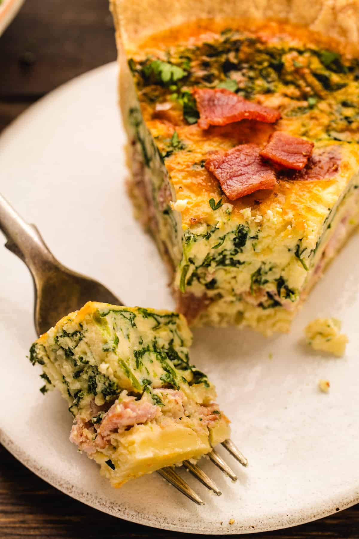 Quiche A slice of spinach and bacon quiche on a plate with a fork holding a bite-sized piece.