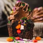 A chocolate cupcake topped with frosting and sprinkles, with a hollow center revealing orange, red, and white candies.