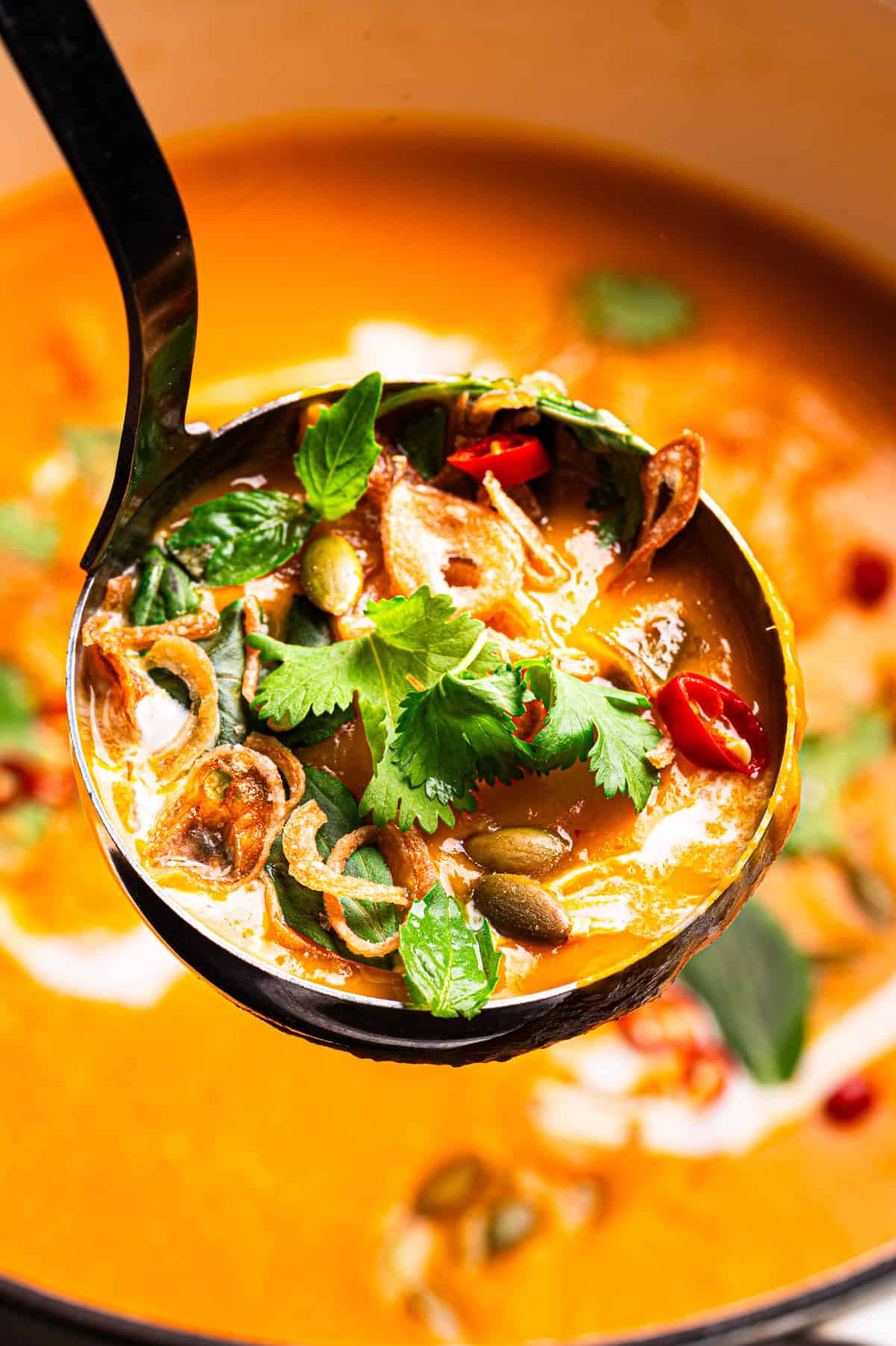 Thai Pumpkin Soup A ladle filled with creamy orange soup topped with fresh cilantro, sliced red chilies, fried shallots, and pumpkin seeds.